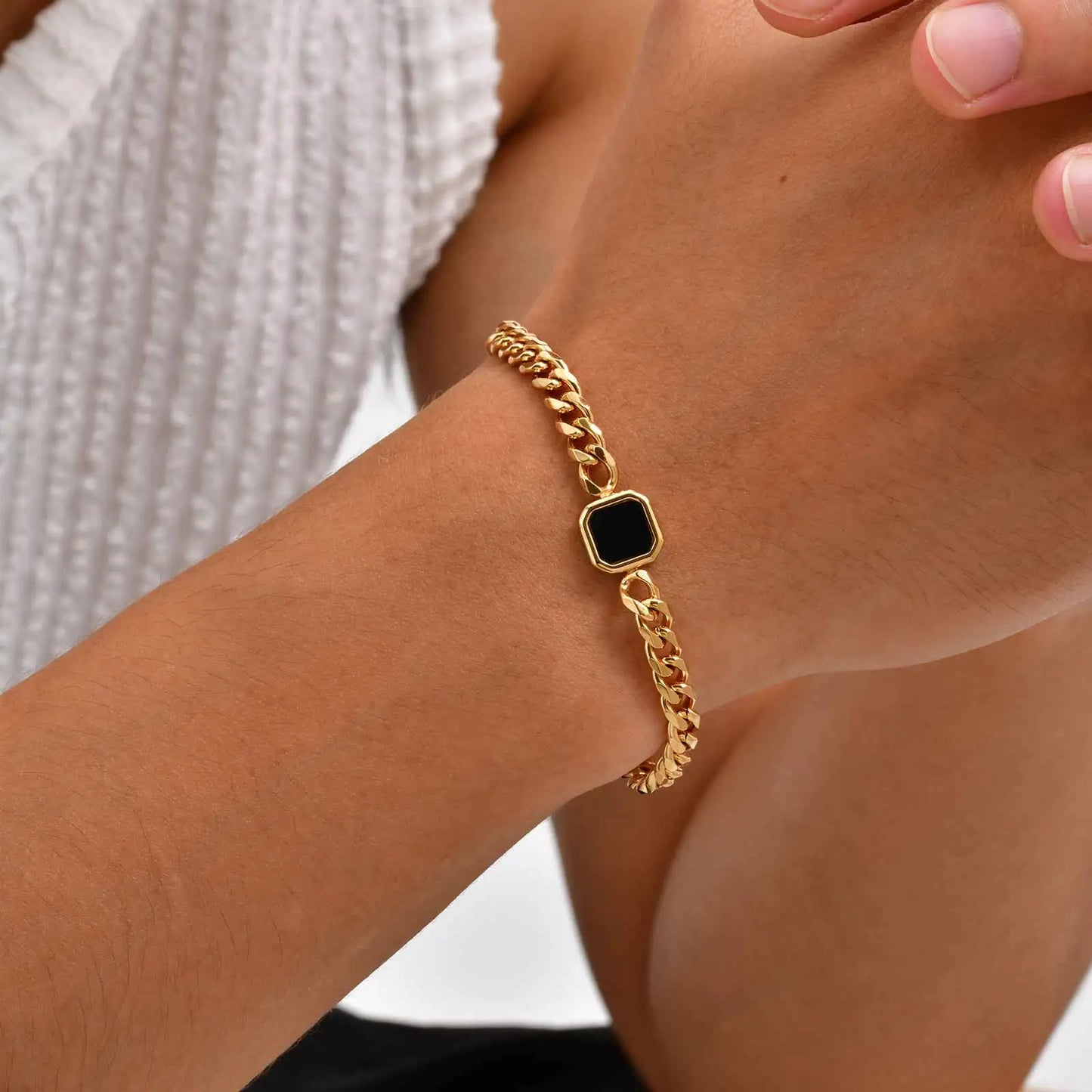 Fashion Chic Square Acrylic Charm Bracelet, Silver Gold Color Stainless Steel Twist Chain Bracelet, Minimalist Jewelry for Men