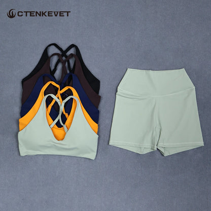 Ctenkevet Women's Summer 2Pcs Sleeveless Sports Set Woman Gym Yoga Outdoors Shockproof Vest Two-piece Running Suit Female