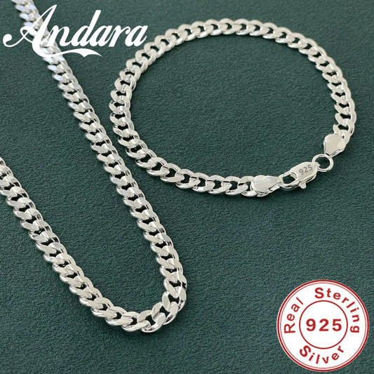 Hot high quality 925 Sterling silver charm 7MM Chain bracelets neckalces jewelry set for man women fashion Party wedding gifts