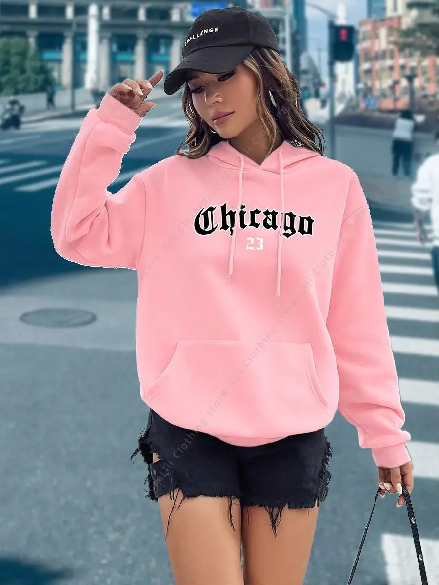 CHICAGO 23 Letter Hoodies Women's Hooded Sweatshirt Pullover Spring Autumn Top Aesthetic Y2K Street Sport Clothing Woman Hoody