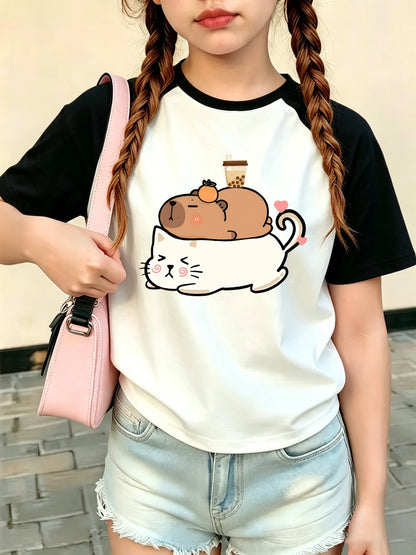 Kawaii Cat with Capybara Trendy T Shirts Short Sleeve Graphic Kids Children's T-shirt Boys Girls Casual Top Tee Summer Clothes