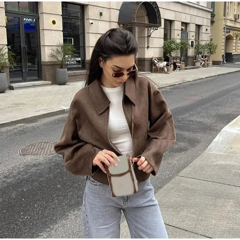 Brown Woolen Jacket - Women's Outerwear Zipper Coat With Elegant Lapel