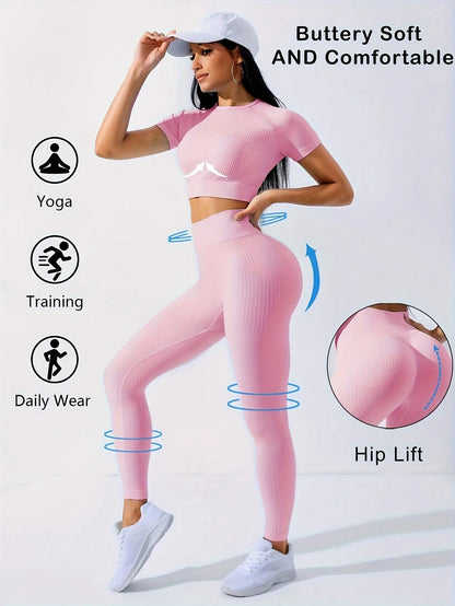 Workout Sets Outfits for Women – Yoga Leggings with Short Sleeve Crop Top, Slim Fit Tummy Control Butt Lifting Waist Shaping, Seamless Ribbed Texture, Breathable Soft Fabric, Non-Pilling, Perfect for Fall Winter Gym Yoga Ru
