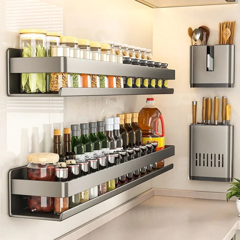 Multifunctional Wall-Mounted Spice Rack Kitchen Condiment Storage Shelf Holds Seasonings Tools Essential Kitchen Organizer Shelf