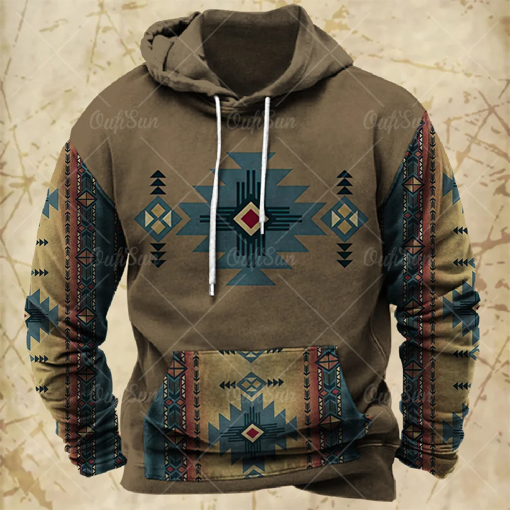 Men Hooded Vintage Print  Sweatshirt Ethnic Style Hoodie Autumn and Winter Oversized Casual Men's Clothing Daily Street Pullover