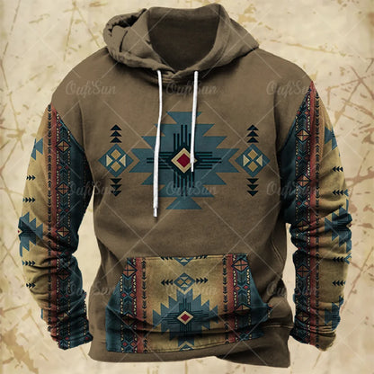 Men Hooded Vintage Print  Sweatshirt Ethnic Style Hoodie Autumn and Winter Oversized Casual Men's Clothing Daily Street Pullover