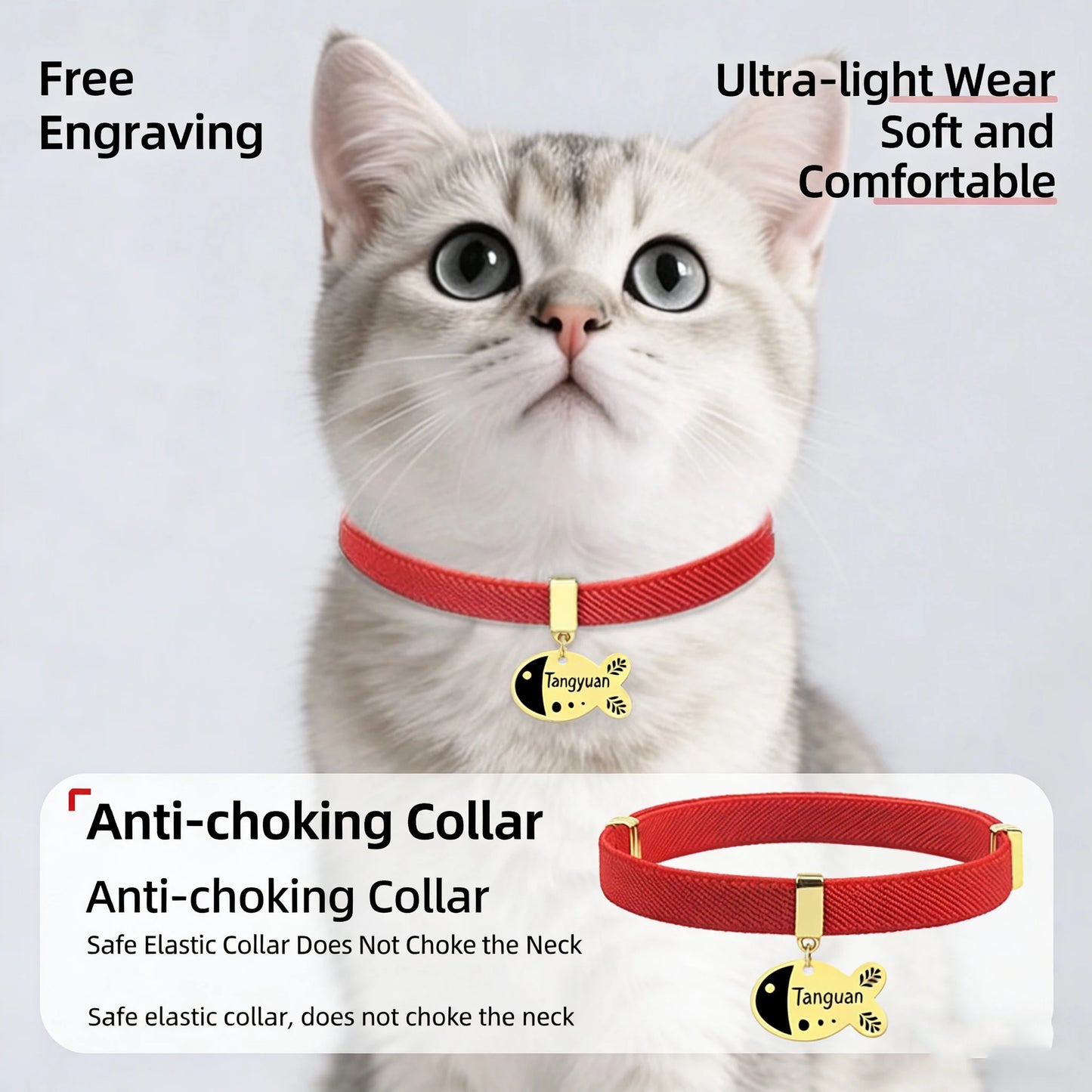 Free Customized Cat Collar Cute Fish Metal Necklace Pet ID Name Tag Personalized GPS Tracker Kitten Dog Breakaway Elastic Collar