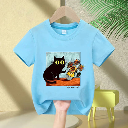 Van Gogh Cat Graphic T Shirts Boys/girls Flower Black Cat T-shirt Round Neck Short Sleeve Trendy Tee  Kawaii Kids Clothing