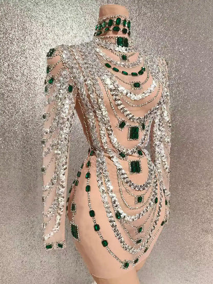 Luxurious Mini Dress Women Transparent Rhinestones Bodycon Singer Bar Club Shiny Short Dress Celebrity Party Evening Stage Costu