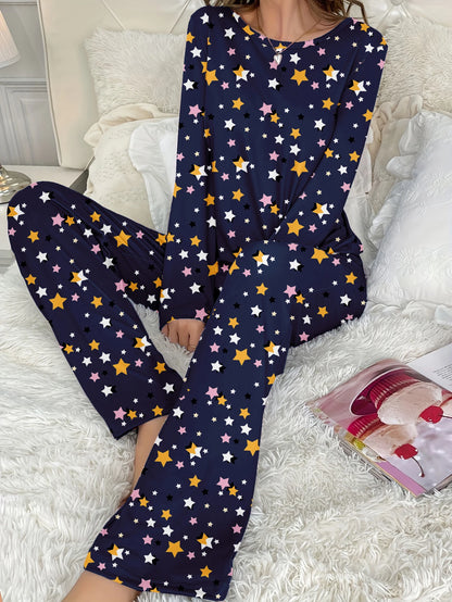 2-Piece Standard Size Women's Autumn and Winter Pajamas, Comfortable, Casual, Elegant and Cute Star Print Long-Sleeved