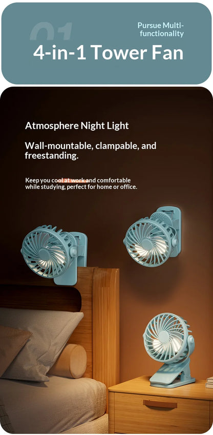 HOMEFISH Portable Rechargeable Clip Fan 720° Rotatable Hanging Fan with Night Light Air Cooler for Outdoor Camping Ventilador
