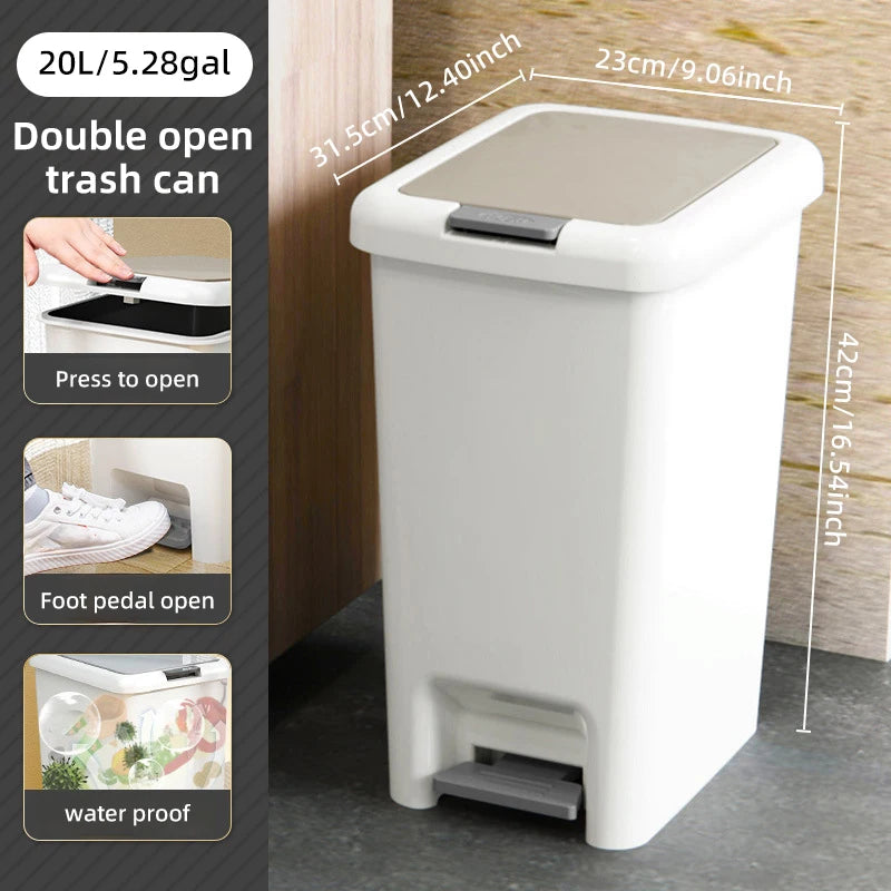 Plastic Foot Pedal Trash Can - Double Opening Bin for Bathroom Kitchen Office