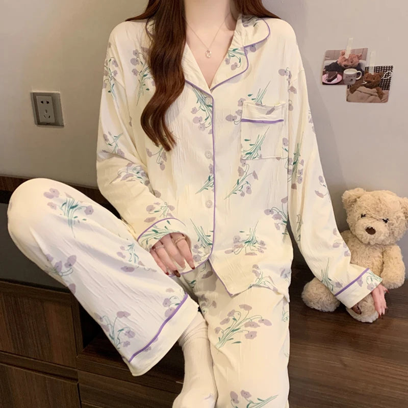 Pink Bow Dtie Pajama Set - Womens Long Sleeve Top  Elastic Waist Pants Harajuku Style Home Wear - ZOOMNSTORE