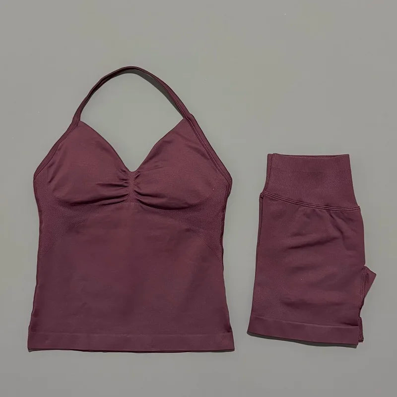 2Pcs HISTELLO Yoga Set Women Halter Tank Top Scrunch Butt Lifting Shorts Ruched Anti Chafe Quick Dry Gym Workout Sports Set