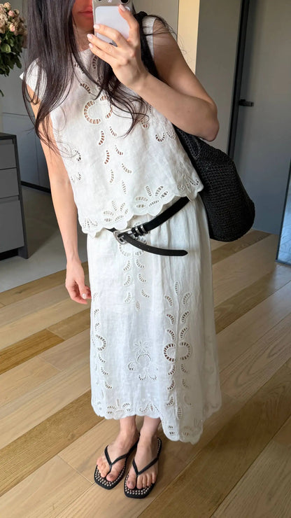 FSLE【Premium Series】Summer Women Linen Two Piece Set Cut-Out Embroidered Sleeveless Top Midi Skirt Boho Beach Vacation Style