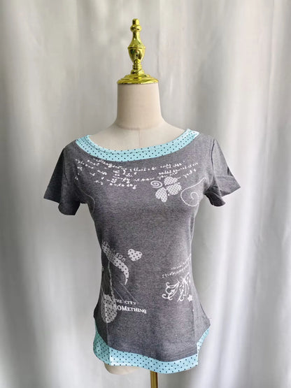 Kimutomo Women T Shirts Polka Dot Printed Short Sleeve Slim Grunge Gothic Y2k Aesthetic Harajuku Tops Ladies Fashion Casual Tee