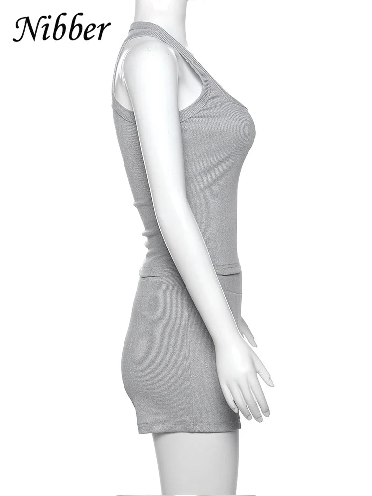 Nibber Ribbed Casual 2 Piece Set Women Tracksuit Sporty Square Collar Tank Tops+Shorts Suit Streetwear Simple Matching Outfits