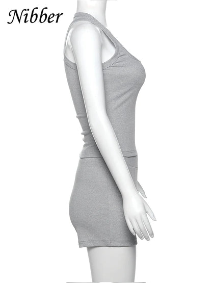 Nibber Ribbed Casual 2 Piece Set Women Tracksuit Sporty Square Collar Tank Tops+Shorts Suit Streetwear Simple Matching Outfits