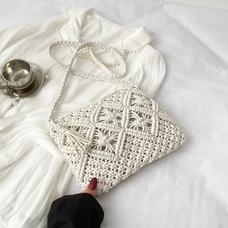 Handmade Cotton Crossbody Bag - Vintage Tassel Shoulder Messenger for Women Summer Beach Handbag 2023