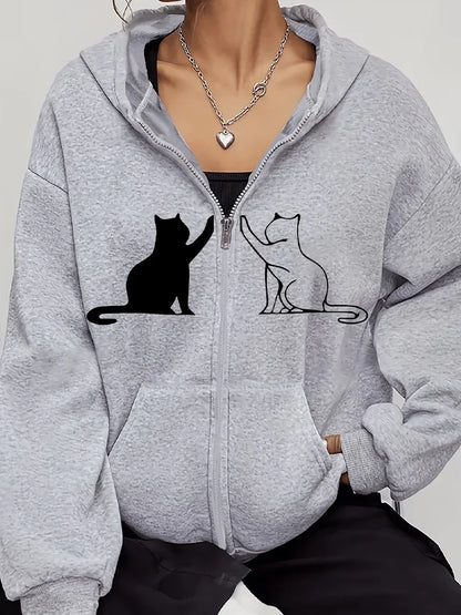 Playful Black Cat, Women'S Long Sleeve Zip-Up Casual Jacket with Cat Prints, Suitable for All Seasons Women'S Apparel Hoodie