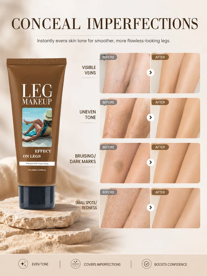 Waterproof Body Makeup for Legs, Full Coverage Leg Concealer Cream, Covers Veins Spots Bruises, Sweat-Resistant Natural Glow