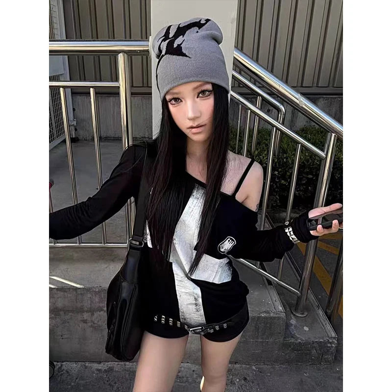 Seeslim Print Cross Graphic T Shirts Woman Long Sleeve Blck Goth Autumn Spring Tops Tees Female Clothing 2000s Clothes Y2k Chic