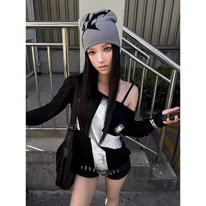 Seeslim Print Cross Graphic T Shirts Woman Long Sleeve Blck Goth Autumn Spring Tops Tees Female Clothing 2000s Clothes Y2k Chic