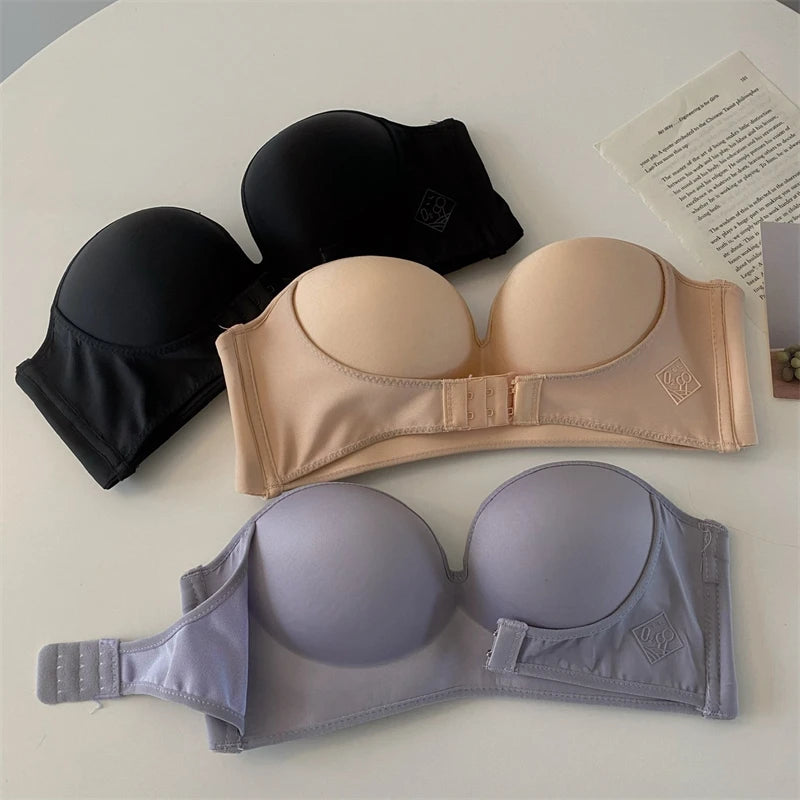 Strapless Push Up Bra - Front Closure Wireless Bralette, Seamless Nylon One-Piece Brassiere