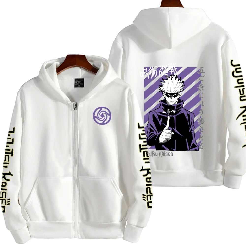 Hot Anime Jujutsu Kaisen Gojo Satoru Graphic Hooded Men Women Casual Zip Hoodies Manga Zipper Jacket Harajuku Male Sweatshirt