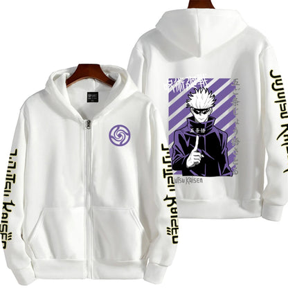Hot Anime Jujutsu Kaisen Gojo Satoru Graphic Hooded Men Women Casual Zip Hoodies Manga Zipper Jacket Harajuku Male Sweatshirt