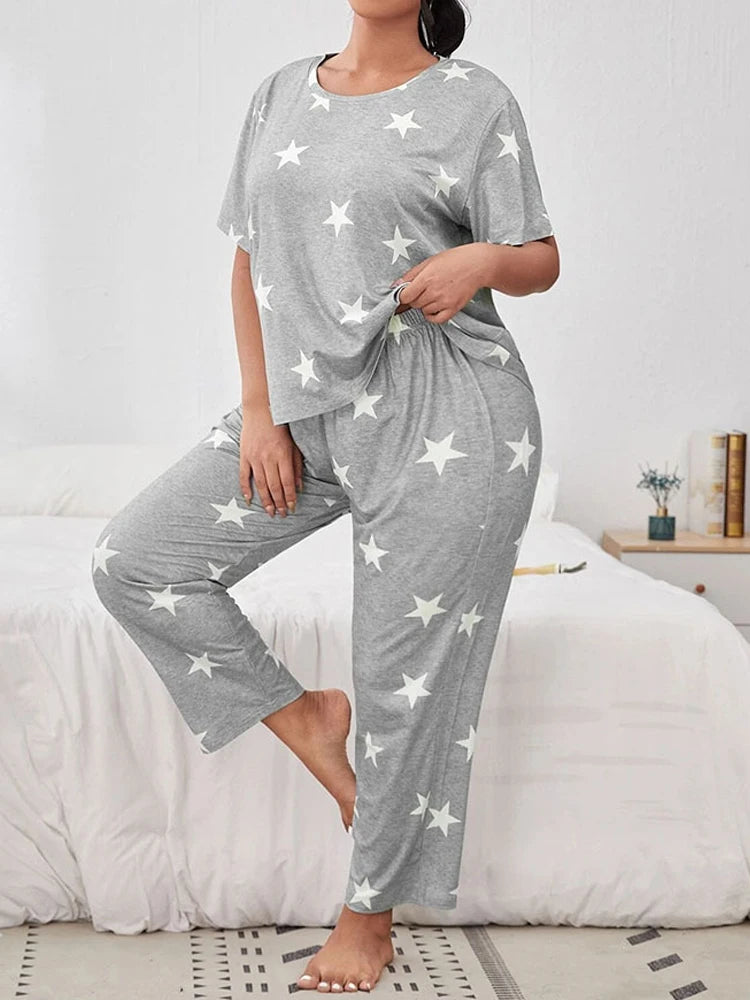 5XL Big Size Pajamas For Women Summer Autumn Faux Cotton Pajama Set  Short Sleeved Casual Loose Luxury Print Sleepwear Pijama