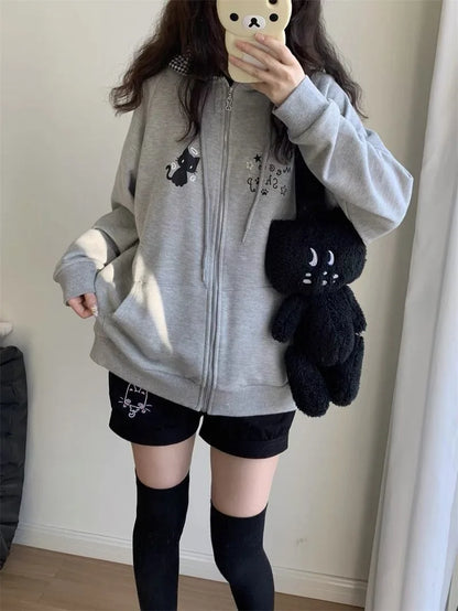 Zipper Hoodie Gothic Cartoon Kawaii Cat Ear Y2k Jacket Zip Up Thin Coat Spring Autumn Cute Core 2000s Clothes Fall Sweatshirts