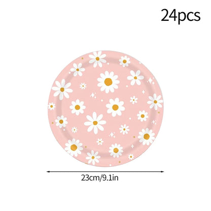 Pink Daisy Disposable Tableware Set - 24pcs Plates Napkins Straws for Birthday Baby Shower Wedding Decor