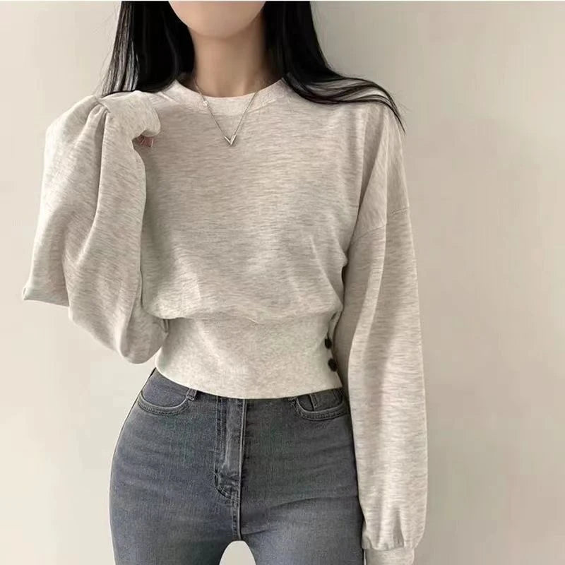 Autumn Women Solid O-Neck Slim Crop Top Lantern Sleeve With Button  Sweat Casual Hip-Hop Sporty Pullover Sweet Chic Street Wear