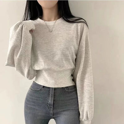 Autumn Women Solid O-Neck Slim Crop Top Lantern Sleeve With Button  Sweat Casual Hip-Hop Sporty Pullover Sweet Chic Street Wear