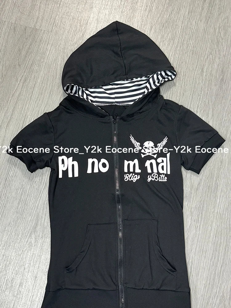 Y2K Subculture Skull Print Zip Cardigan Short Sleeve Women Japan Slim Fit Striped Hoodie Casual Tops Fashion Streetwear Clothes