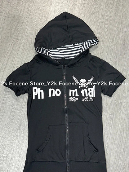 Y2K Subculture Skull Print Zip Cardigan Short Sleeve Women Japan Slim Fit Striped Hoodie Casual Tops Fashion Streetwear Clothes