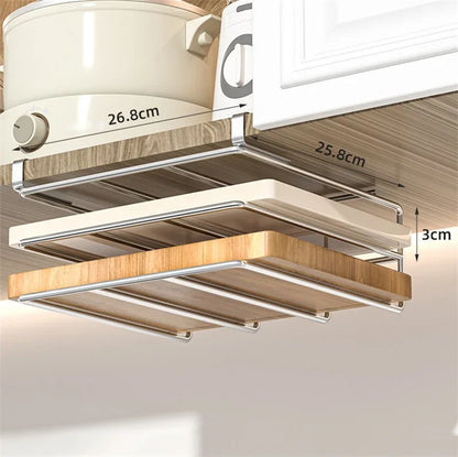 Kitchen Organizer Rack - Stainless Steel Hanging Kitchen Rack with Hooks for Cutting Board, Paper Towel & Pot Lid Storage