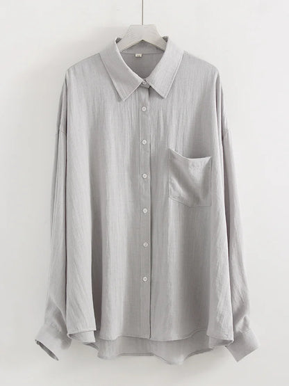 Summer Blue Linen Shirts For Women Oversized Long Sleeve Tops Green Shirt Woman Work Basic Linen Tops Women White Shirts Ladies
