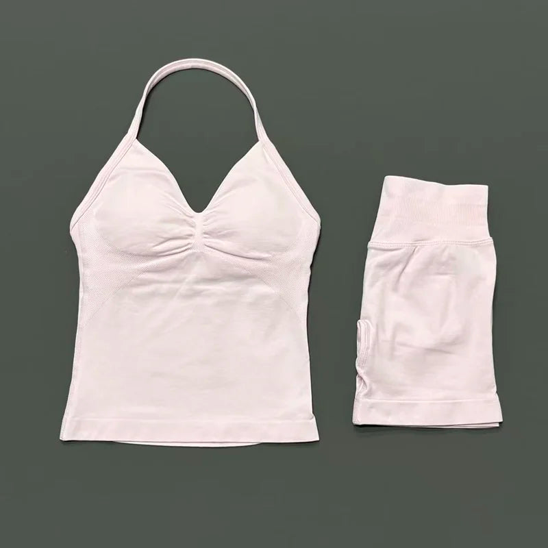 2Pcs HISTELLO Yoga Set Women Halter Tank Top Scrunch Butt Lifting Shorts Ruched Anti Chafe Quick Dry Gym Workout Sports Set