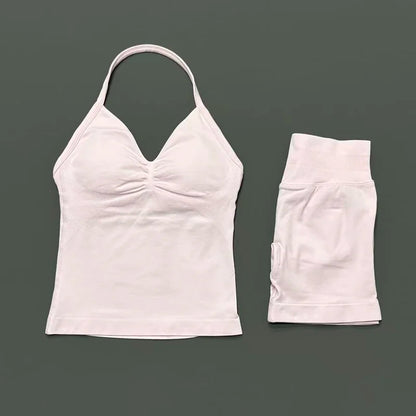 2Pcs HISTELLO Yoga Set Women Halter Tank Top Scrunch Butt Lifting Shorts Ruched Anti Chafe Quick Dry Gym Workout Sports Set