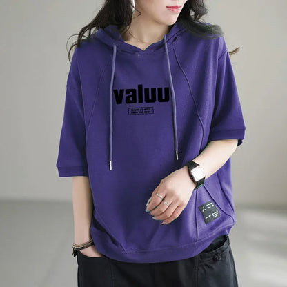 2024 New Summer Art Fashion Casual Loose Sports Oversized Versatile Letter Printed Short Sleeve Hooded Sweater for Women