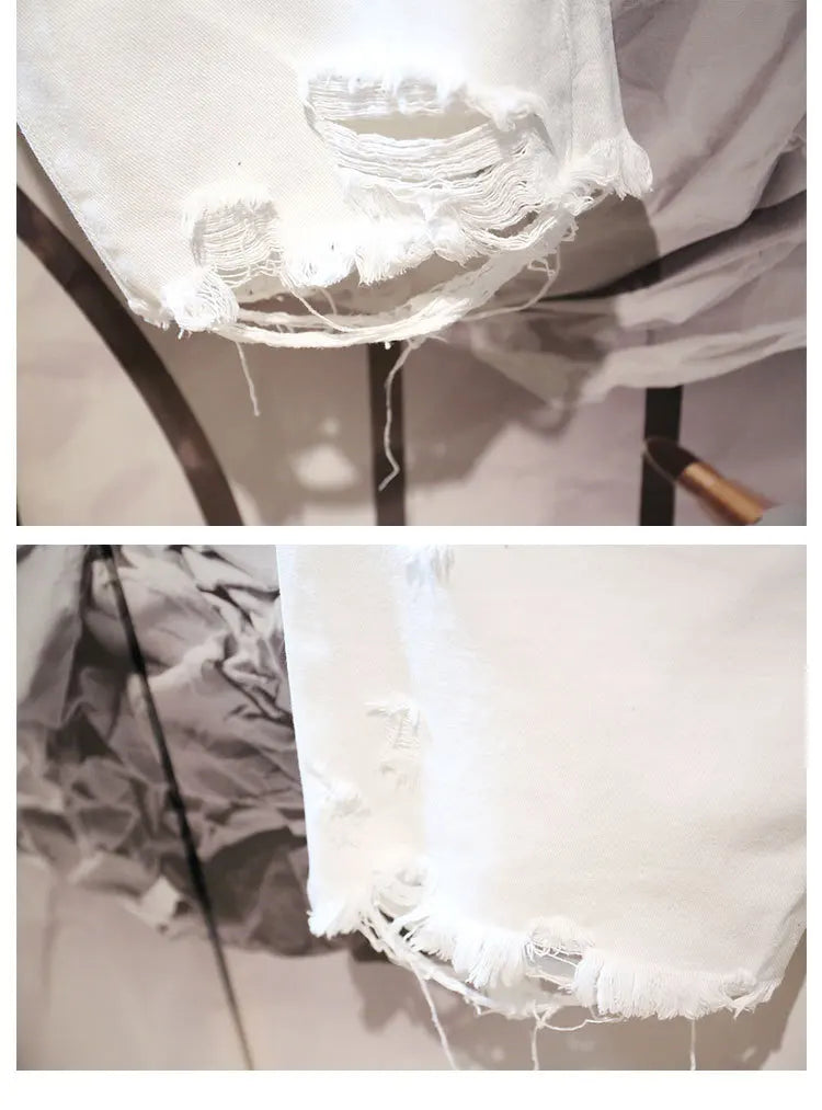 Men's Ripped Denim Shorts - Cropped Tattered White Casual Jeans With Zipper Fly Closure