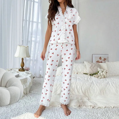 New Fashion Women's Pajamas Autumn and Winter Collar Lace Printed Shirt Trousers Homewear Homewear Homewear Lingerie