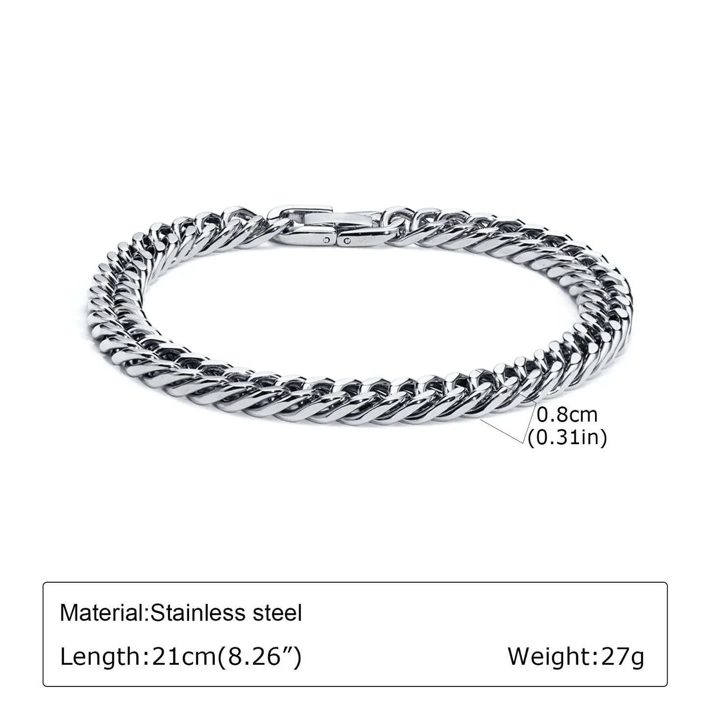 Punk Silver Color Men's Chain Bracelets,Hiphop Stainless Steel Braided Link Wristband,Classic Metal Jewelry Gift for Him Dad