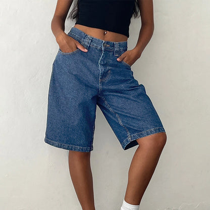 New Fashion Womens Knee Length Denim Shorts Loose Solid Color Low Rise Wide Leg Long Shorts With Pockets For Summer S-2XL