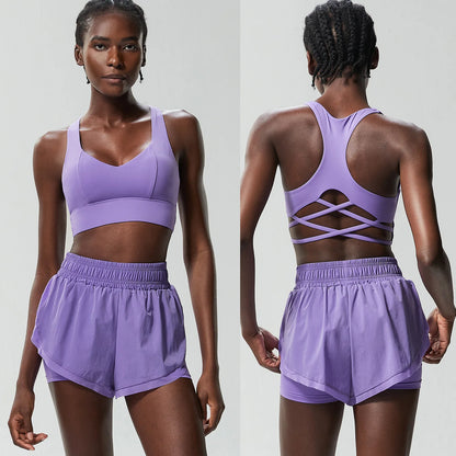 Women Outdoor Running Suit Summer Breathable Quick Dry Short Sportswear Two Pieces Fitness Yoga Set Female Exercise Gym Clothes