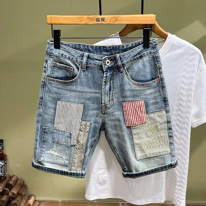 Denim Shorts Men - Slim Fit Knee Length Casual Summer Pants With Trendy Patch