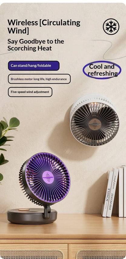 5000mAh Foldable Glow-in-the-Dark Fan Wall Mount Portable Quiet High-Speed Air Circulation Fan for Students Office Desk Fan
