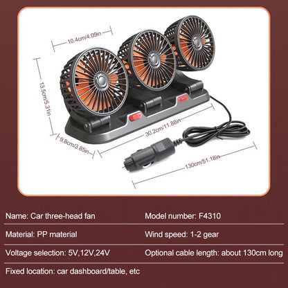 12V Automotive Fan Car Fan 24V 360° Adjustable 3-Head Air Fan Low Noise Multifunctional Temporary Parking Fan for Auto Vehicles